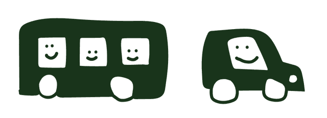Icons of bus and car with square happy faces